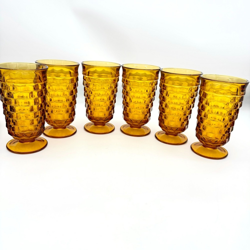 Vintage Indiana Glass Whitehall Amber Footed Tumblers Iced Tea Glasses Set 6